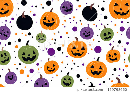 Halloween pattern with purple, green and orange pumpkins on white background. 129798660