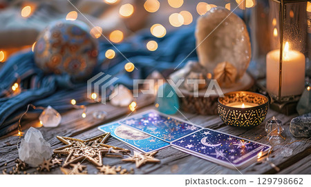 Moon, Crystals, and Tarot Cards on Wooden Table with lights in Background. 129798662