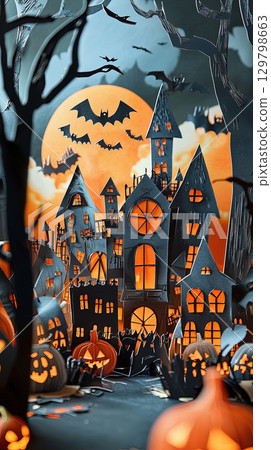 Multilevel papercraft showcasing a spooky Halloween town with bats and pumpkins at dusk 129798663