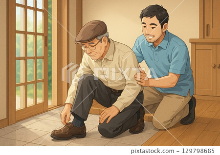 Caregiver helping a Japanese man put on his shoes 129798685