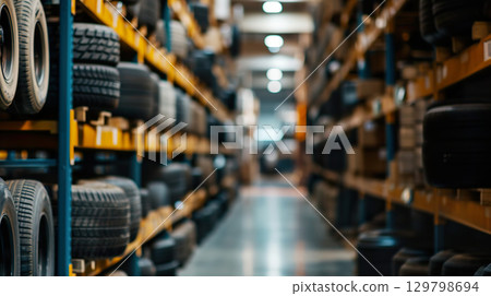 Stacked New Tires arranged in rows in Automotive Warehouse, close up 129798694