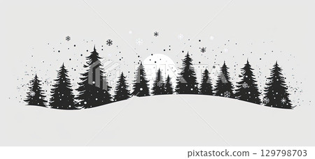 Winter forest scene with evergreen trees and falling snowflakes, card or mug design graphic. 129798703