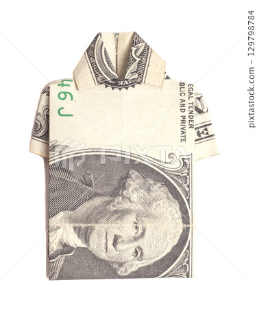 Shirt Origami With One Dollar Bill isolated on white Shirt Origami With One Dollar Bill isolated on white 129798784