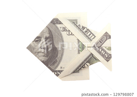 Origami Fish from a One Hundred Dollar Bill Note isolated Origami Fish from a One Hundred Dollar Bill Note isolated 129798807
