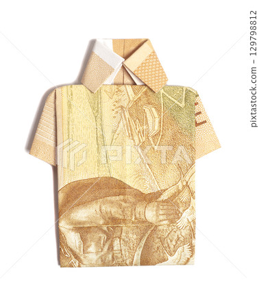 Shirt Origami With Russian 100 rubles banknote currency isolated on white Shirt Origami With Russian 100 rubles banknote currency isolated on white 129798812