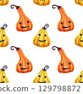 Funny Halloween pumpkins seamless pattern with white background. Autumn kids watercolor illustration. Cute print in cartoon style. Perfect for holiday decoration, home fabrics, textile, wrapping paper 129798872