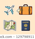 Travel icons set with airplane suitcase map and passport in flat style 129798911