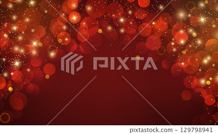 Shiny Festive Background. Abstract Red Gold Glitter Background. Bokeh and Confetti Design Element for Merry Christmas and Happy New Year Banner, Poster, Website Congratulations. Holiday Party BG. 129798941
