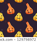 Dark Halloween bright funny pumpkins seamless pattern. Hand-drawn watercolor illustration. Perfect for kids party decoration, wrapping paper, print, fabrics, home textile and spooky autumn design 129798972