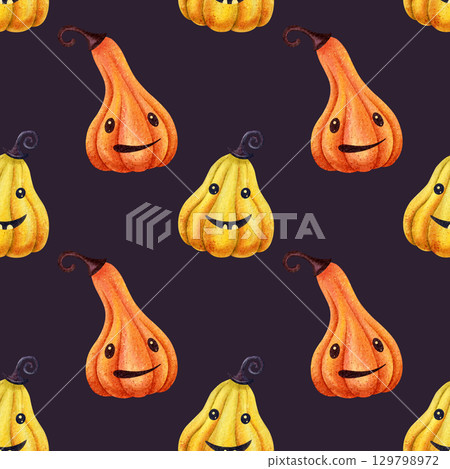 Dark Halloween bright funny pumpkins seamless pattern. Hand-drawn watercolor illustration. Perfect for kids party decoration, wrapping paper, print, fabrics, home textile and spooky autumn design 129798972