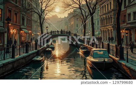 City street with a canal and a bridge. The pedestrian bridge connects the different sides of the street along which the canal flows. 129799680