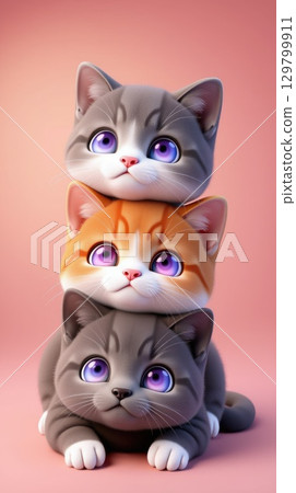 Three cute cartoon cats are lined up in a playful stack, showcasing gray, orange, and light gray fur. Each cat has unique features and expressive eyes that add charm to the scene. 129799911