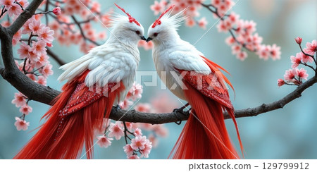 Two beautiful birds with striking red and white plumage interact closely on a branch adorned with pink cherry blossoms, capturing a tender moment during a serene spring day. Two beautiful birds with striking red and white plumage interact closely on a branch adorned with pink cherry blossoms, capturing a tender moment during a serene spring day. 129799912