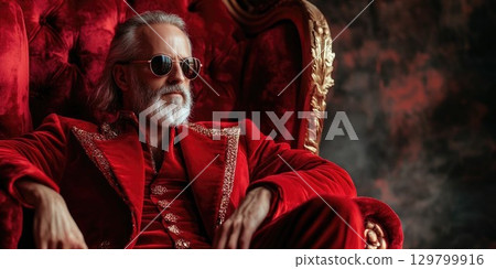 A distinguished man with a silver beard and sunglasses relaxes on an ornate red chair, dressed in luxurious red attire. The evening atmosphere creates a dramatic and captivating backdrop. A distinguished man with a silver beard and sunglasses relaxes on an ornate red chair, dressed in luxurious red attire. The evening atmosphere creates a dramatic and captivating backdrop. 129799916