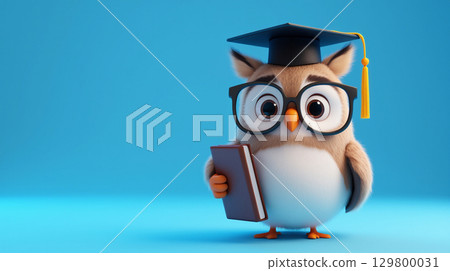 A cute owl, dressed in a graduation cap and glasses, proudly holds a book while standing against a bright blue background, embodying the spirit of education and achievement. 129800031