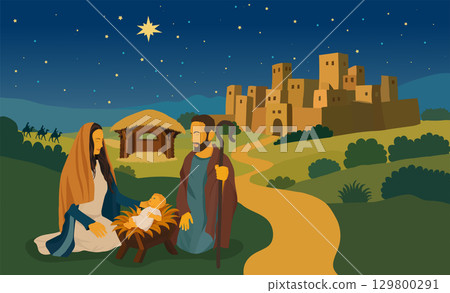 Holy Family Nativity Scene with Baby Jesus under the Star of Bethlehem Holy Family Nativity Scene with Baby Jesus under the Star of Bethlehem 129800291
