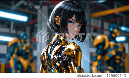 Beautiful cyborg girl and robot Beautiful cyborg girl and robot 129800343