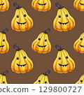Beige Halloween bright funny pumpkins seamless pattern. Hand-drawn brown watercolor illustration. Perfect for kids party decoration, wrapping, print, fabrics, home textile and spooky autumn design 129800727
