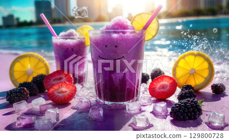 Cool Summer Refreshment Purple Berry Smoothie at the Beach with Fresh Fruits Delight. 129800728