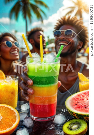 Tropical Refreshments Friends Enjoying Colorful Layered Drinks on a Sunny Beach Vacation 129800733