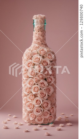Elegant Glass Wine Bottle Decorated with Fresh Roses for Romantic Celebrations and Events 129800740