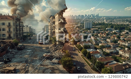 Urban landscape shows aftermath of war disaster with damaged buildings, debris on street, and smoke rising against a city skyline in the distance 129800742