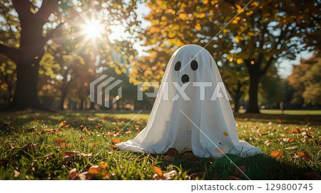Playful ghost figure stands on colorful autumn leaves in a sunlit park, evoking a whimsical Halloween atmosphere Playful ghost figure stands on colorful autumn leaves in a sunlit park, evoking a whimsical Halloween atmosphere 129800745