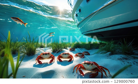 Underwater Paradise Crabs, Fish, and Boat Hull in Clear Ocean Water, Sandy Seabed 129800760