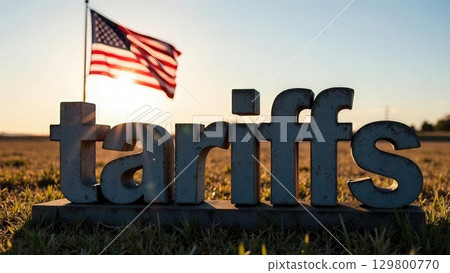 White cement word Tariffs standing on the green grass with the American flag waving in the background. 129800770