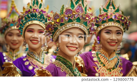 Vibrant Asian Carnival Celebration Featuring Beautiful Women in Ornate Costumes and Headdresses 129800776