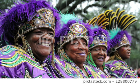 Mardi Gras Festival in New Orleans with Colorful Costumes and Joyful Celebrations in the Streets 129800779