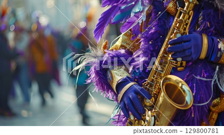 Joyful street musician in colorful carnival costume plays saxophone at vibrant Mardi Gras festival. 129800781