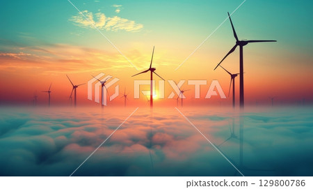 Stunning Sunset Over Ocean with Cloud Inversion and Wind Turbines Promoting Clean Energy Solutions 129800786