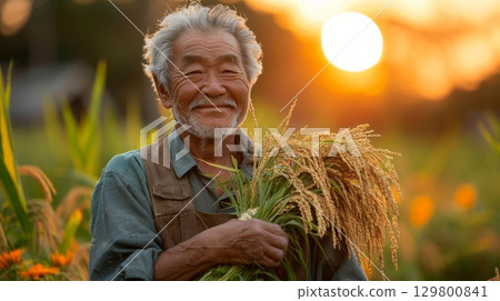 Senior Farmer Proudly Posing with a Bundle of Rice in Lush Rice Field Under Bright Morning Sunlight 129800841