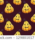 Dark gothic Halloween funny pumpkins seamless pattern. Hand-drawn kids watercolor texture. Perfect for autumn party decoration, wrapping paper, print, templates, backgrounds, fabrics, home textile. 129801017