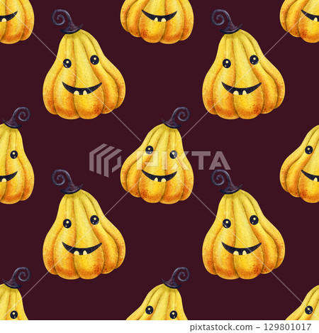 Dark gothic Halloween funny pumpkins seamless pattern. Hand-drawn kids watercolor texture. Perfect for autumn party decoration, wrapping paper, print, templates, backgrounds, fabrics, home textile. Dark gothic Halloween funny pumpkins seamless pattern. Hand-drawn kids watercolor texture. Perfect for autumn party decoration, wrapping paper, print, templates, backgrounds, fabrics, home textile. 129801017