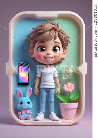 Cheerful 3D Character of a Boy Holding a Phone and Drink in a Colorful Box with Toys and Flowers 129801019
