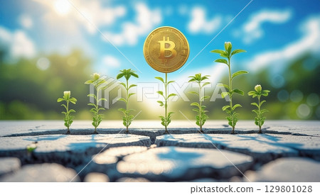 Bitcoin Growth Seedlings Emerge Through Cracked Earth, Symbolizing Financial Investment Future 129801028