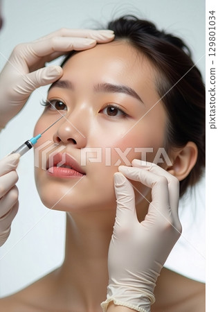 Cosmetic Procedure Asian Woman Receiving Facial Injection for Wrinkles with Medical Gloves 129801034