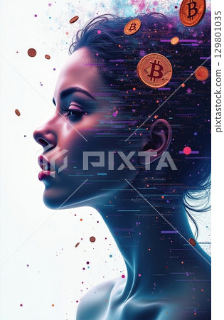 Digital Currency Dream Woman s Profile with Bitcoin Accents and Futuristic Data Streams Digital Currency Dream Woman s Profile with Bitcoin Accents and Futuristic Data Streams 129801035
