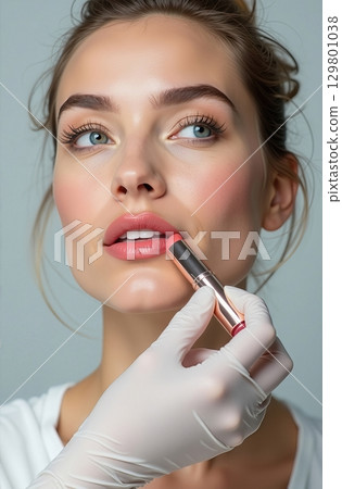 Cosmetic Artist Applying Lipstick for Beauty Treatment, Perfect Look Creation, and Glamour 129801038