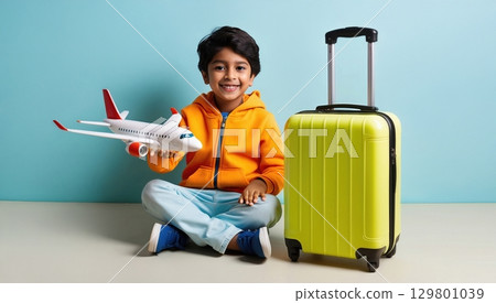 Excited Little Boy Ready for Adventure with Suitcase and Toy Airplane, Blue Background. 129801039