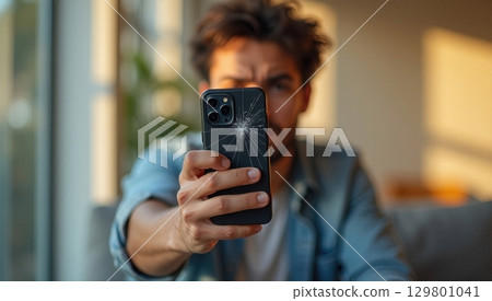Frustrated Man Holding a Smartphone with a Cracked Screen, Expressing Disappointment 129801041