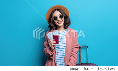 Smiling woman with suitcase holding passport and tickets ready for travel adventure 129801569