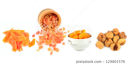 Variety of Dried Fruits for Healthy Eating isolated on a white background. 129801576