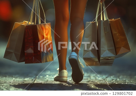 Woman walking and carrying shopping bags after successful shopping spree 129801702
