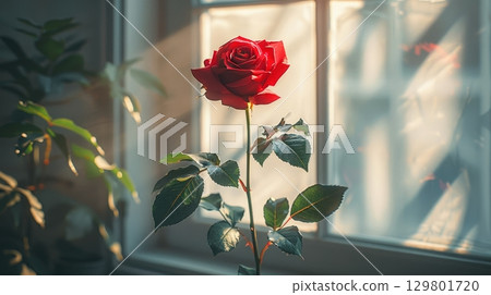 Red Rose Blooming Near Window in Soft Sunlight 129801720