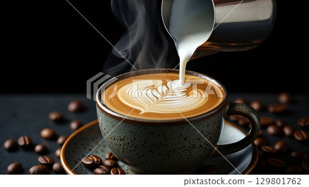 Barista pouring milk into a cup of latte art coffee with coffee beans and steam 129801762