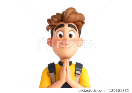 Cute man boy student cartoon character praying with hope on white background Cute man boy student cartoon character praying with hope on white background 129801885