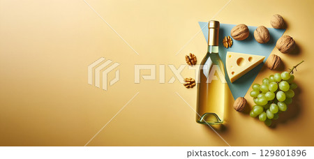 a bottle of white wine lying on its side on a yellow surface. walnut in its shell, green grapes, cheese, pairing of wine with snacks, food and wine pairings. flat lay 129801896